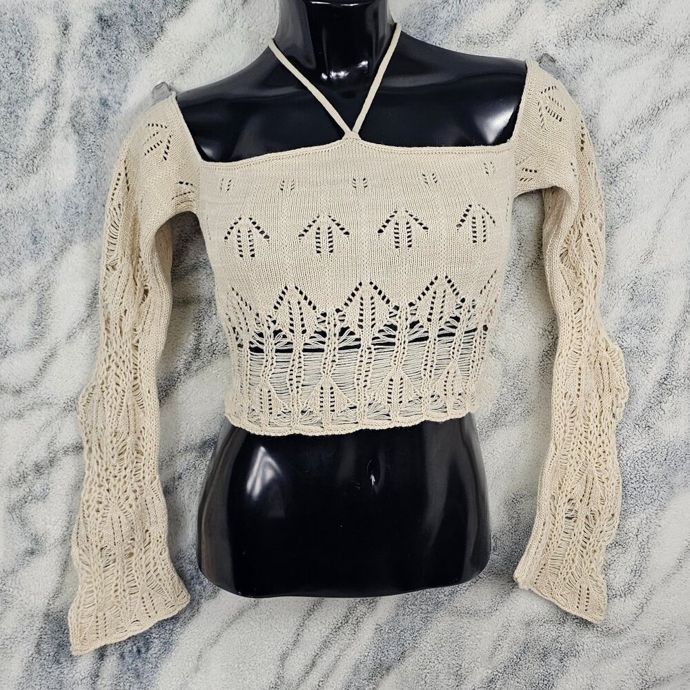 BDG UO Medium Long Sleeve Laddered Knit Sweater Off Shoulder Halter Crop Top NWT
